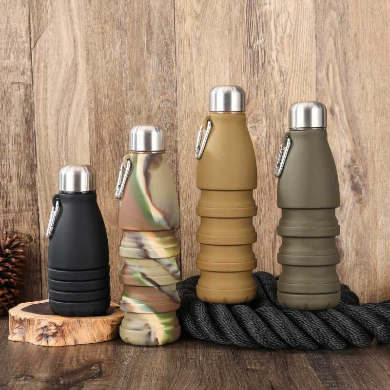 Black Collapsible Silicone Water Bottle - Portable Sports Hydration Flask with Carabiner, 550ml/300ml