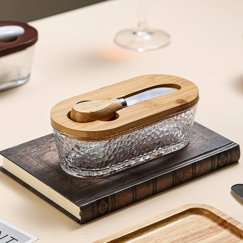 Natural wood color - hammer grain Elegant Glass Butter Dish with Wooden Lid & Matching Spreader - Sealed Butter Keeper for Freshness