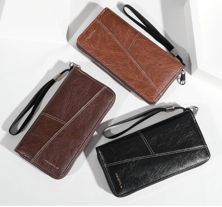 Brown Men's Long Zipper Wallet Clutch - PU Leather Wristlet with Phone and Card Slots