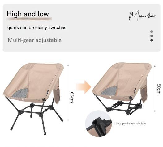 Black Lightweight Portable Camping Chair - Adjustable Height Folding Moon Chair with Breathable Mesh & Carry Bag for Outdoor, Beach, Fishing