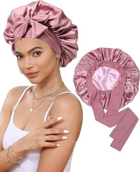Luxury Double-Sided Satin Bonnet with Elastic Band(Leather red + pink lining)
