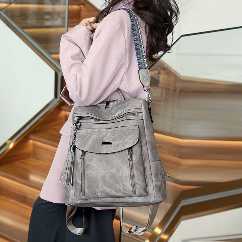 Grey Chic Women's PU Leather Convertible Backpack - Anti-Theft Design, Multi-Pocket Shoulder Bag with Tassel
