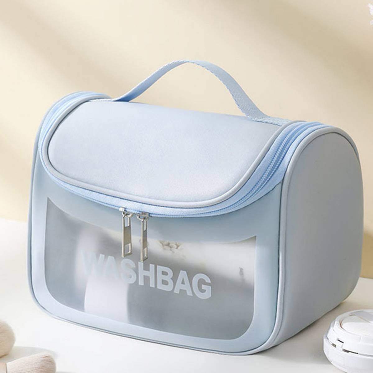 PVC Transparent Cosmetic Bag,Waterproof Portable Travel Organizer with Handle(Sky blue)