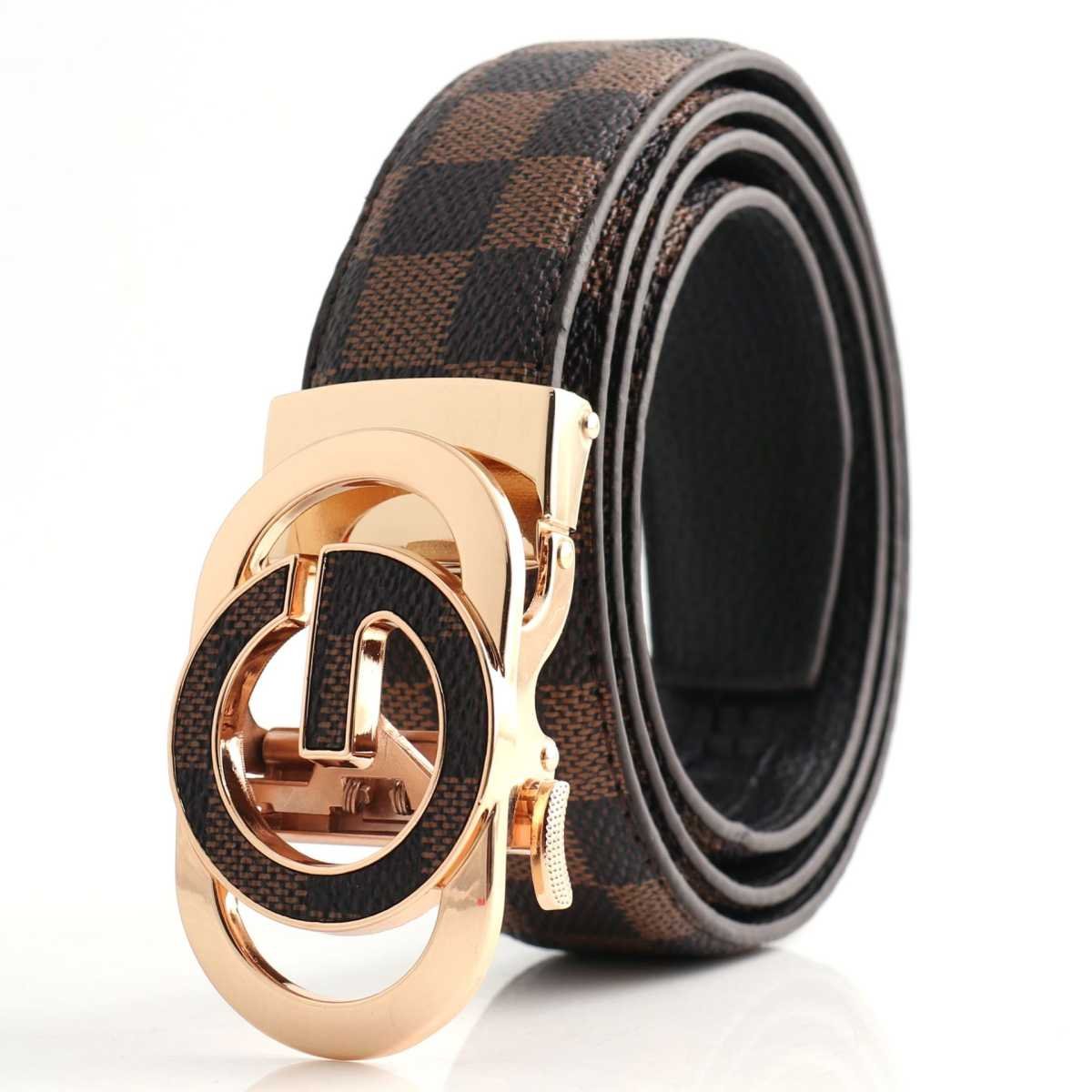 Luxury Designer Style PU Leather Belt,Automatic Buckle(G leather coffee ribbon + gold buckle)