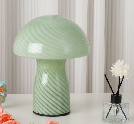 Stripe-Pure Green Retro Swirl Glass Mushroom Table Lamp - LED Bedside Night Light 