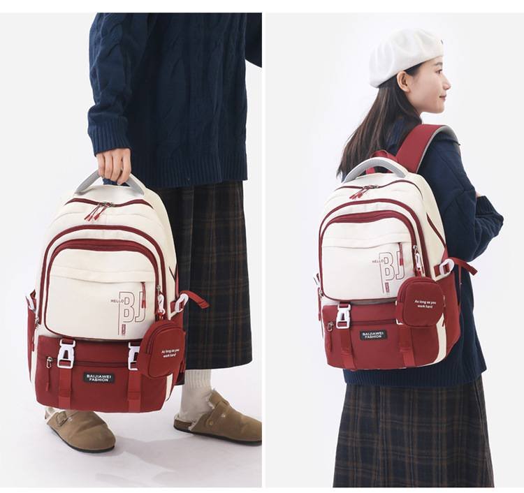 Red and White Large Capacity Student Backpack - Durable Oxford Cloth School Bag with Laptop Compartment & Multiple Pockets