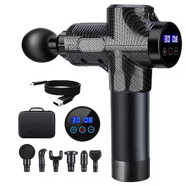 Carbon Fiber Deep Tissue Percussion Massage Gun - 30 Speeds, 6 Heads, Type-C Charging