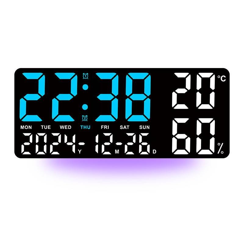 Black Background With Blue and White Light Sleek Large LED Digital Wall & Desk Clock - Remote Control, Temperature, Humidity, Dual Alarms, Calendar