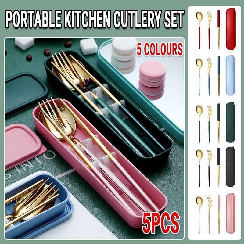 5PC Stainless Steel Portable Cutlery Set -  Fork Spoon for Travel & Picnic - Black