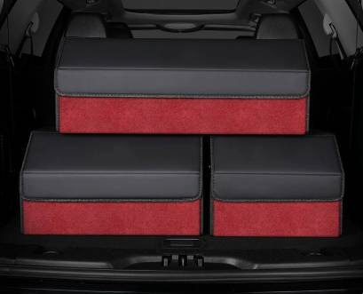 Extra Large Tumbled Leather Red Foldable Car Trunk Storage Box - Large Capacity Insertable Rear Organizer