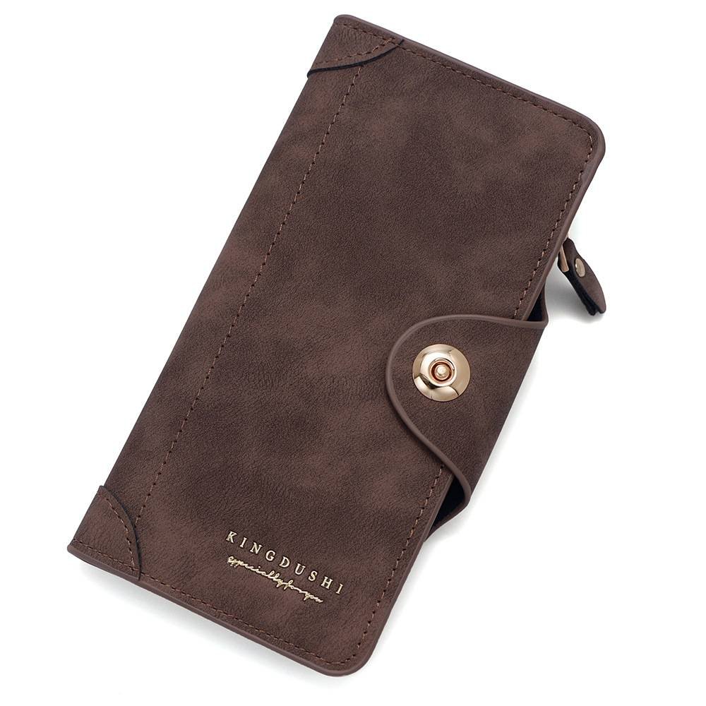 Brown Women's Long Zipper Wallet with Button Closure - PU Leather Multi-Compartment Clutch Purse