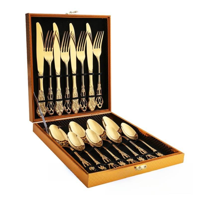 4Set / 16PCS Gold Royal Court Cutlery Set - Vintage Hollow Engraved 410 Stainless Steel Dinnerware with Gift Box