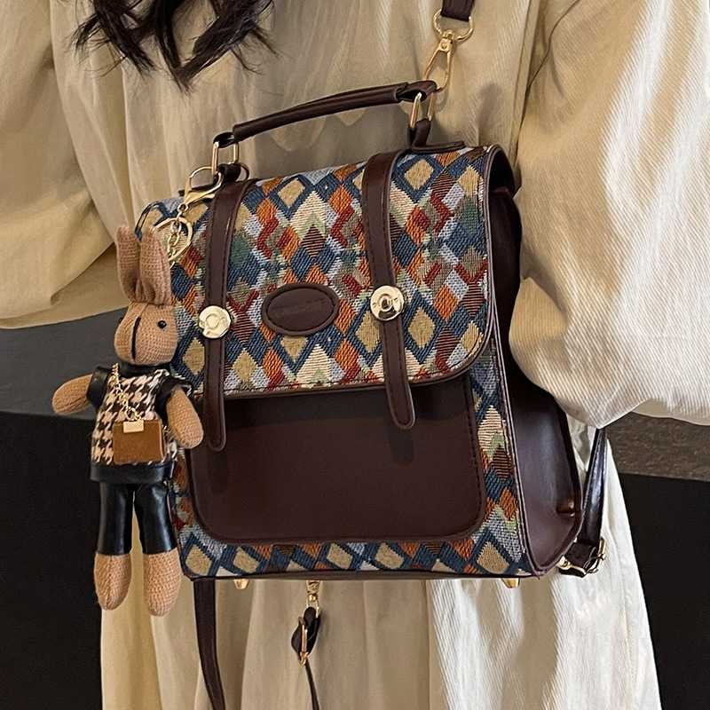 Blue Vintage Geometric Print Convertible Mini Backpack - 3-Way Satchel with Cute Bunny Charm