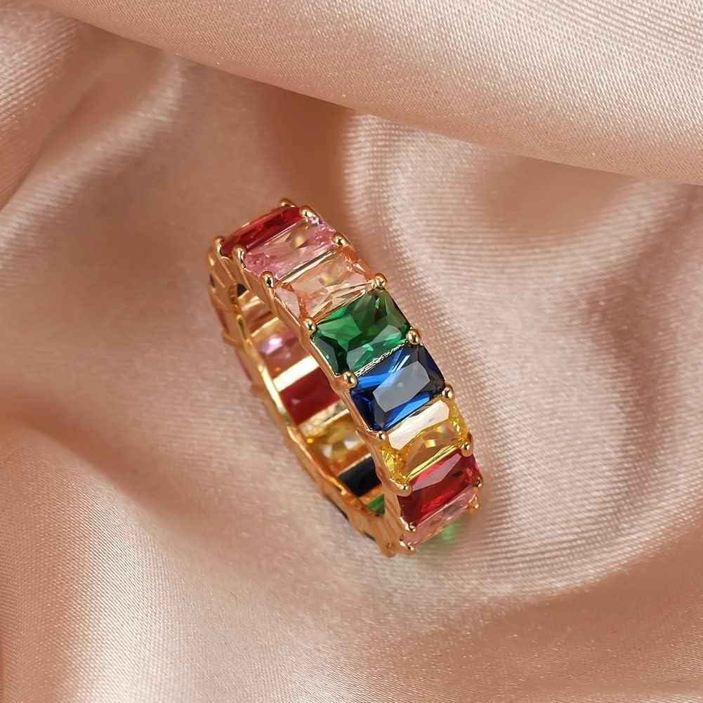 Rainbow Zircon Gemstone Ring Women's Stainless Steel Colourful Ring Size 6-10 - Gold-Multicolor-9