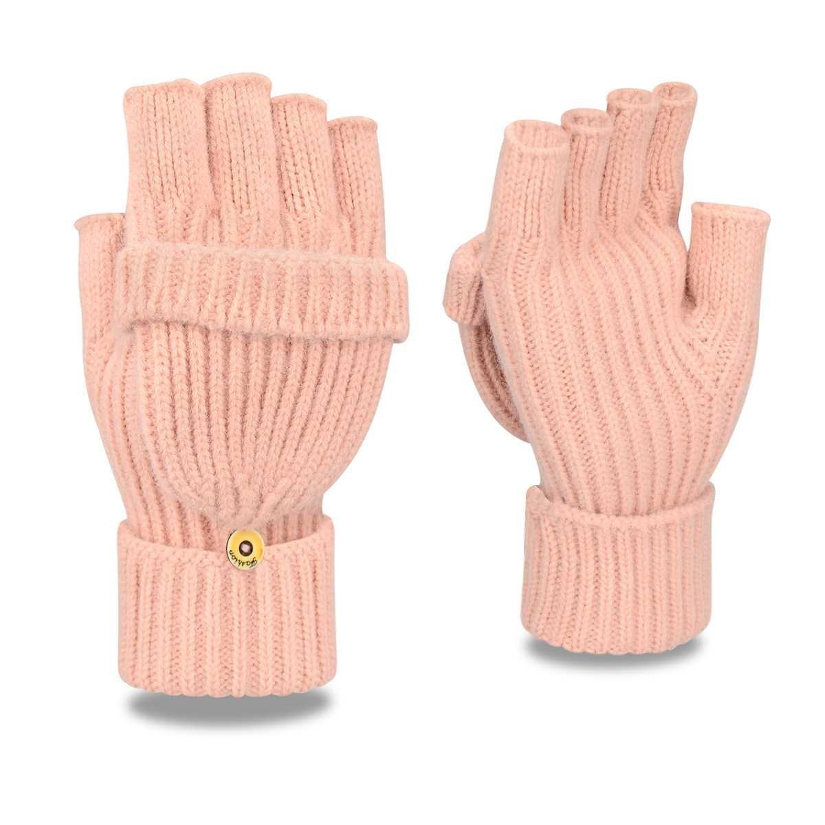 Pink Winter Convertible Mittens - Warm Knitted 2-in-1 Fingerless Gloves with Flip Top Cover for Cold Weather