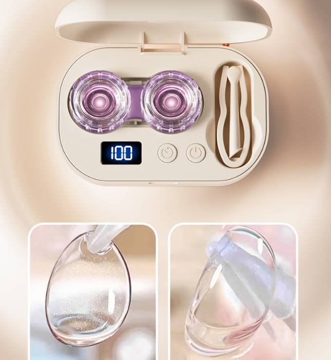 Portable Ultrasonic Contact Lens Cleaner Automatic Washer Case with LED Display Mirror 4 Timer Modes Type-C Rechargeable Ideal for Travel