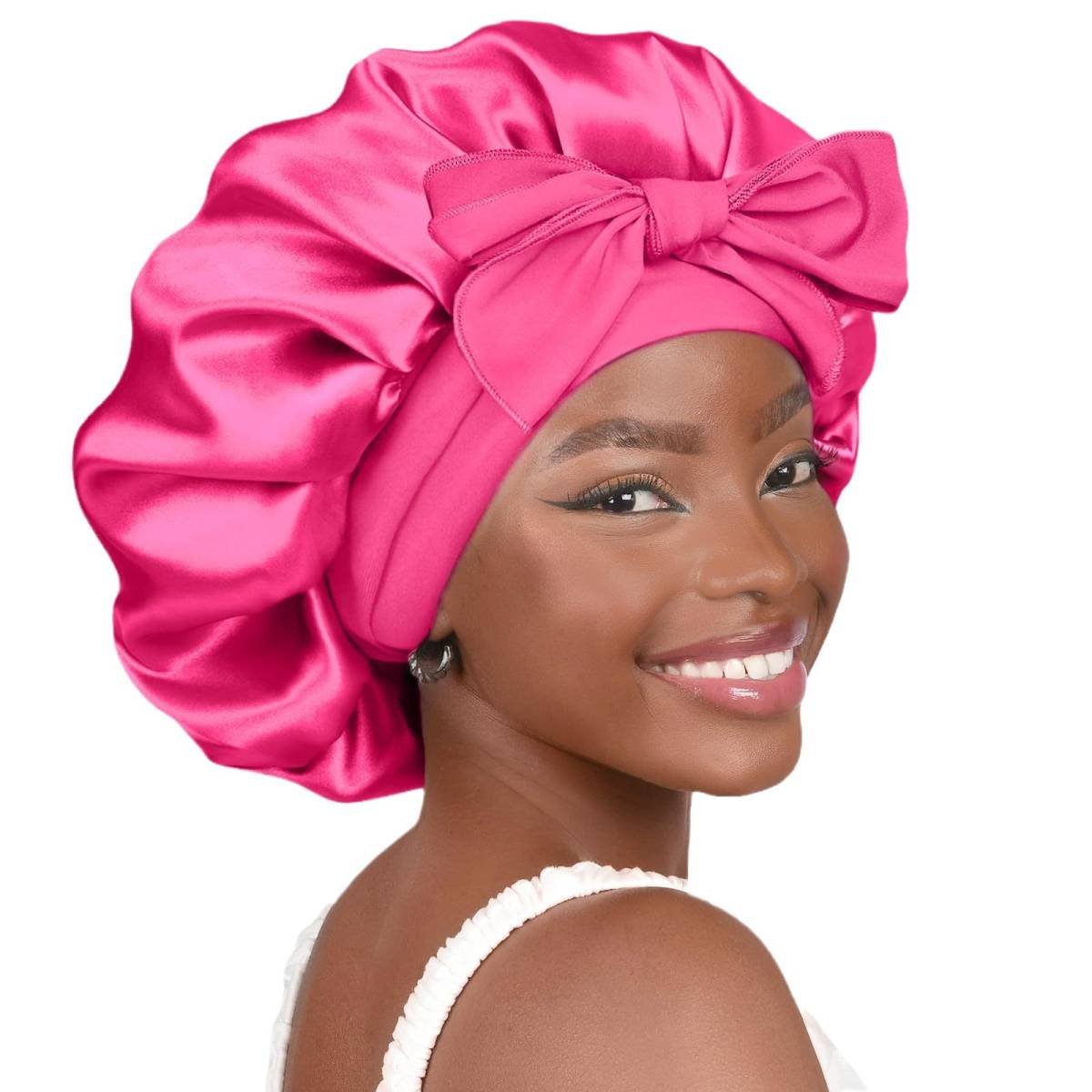 Rose red Luxury Double Layer Satin Bonnet with Bow Tie - Large Hair Protection Sleep Cap for All Hair Types