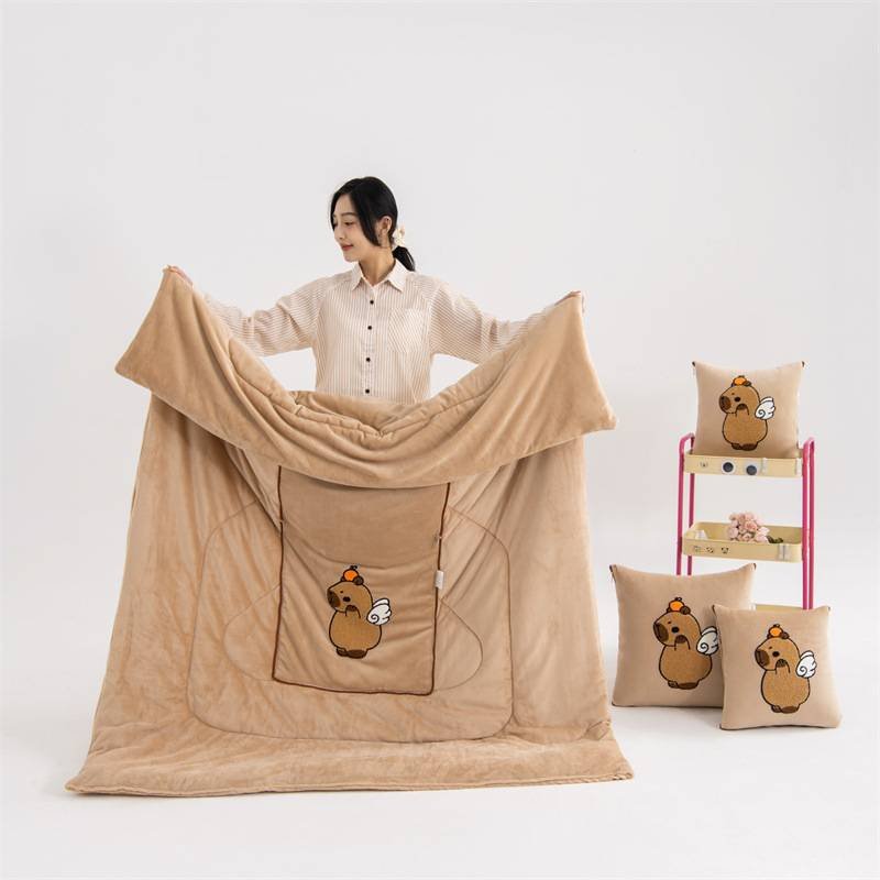 Light Coffee Kapybara - 2-in-1 Foldable Car Pillow Blanket - Cozy 40x40cm Pillow, Unfolds to 100x150cm Blanket for Travel and Office Naps