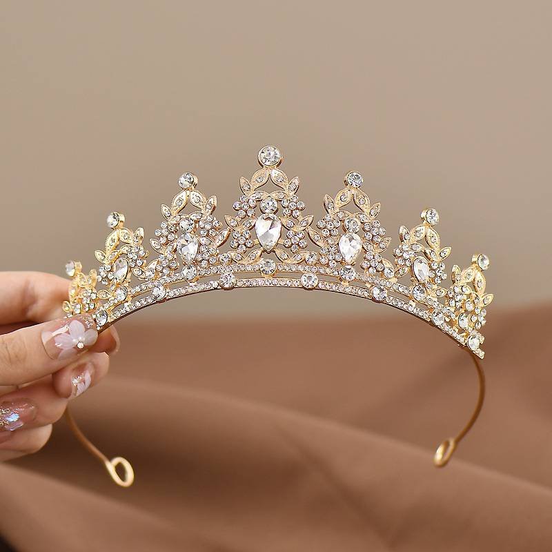 Golden-white Girls Princess Tiara Crown Crystal Rhinestone Headpiece 14cm Diameter for Birthday Party Dance Performance and Flower Girls Elegant Hair Accessory