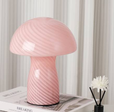 Stripe-Pure Pink Retro Swirl Glass Mushroom Table Lamp - LED Bedside Night Light 