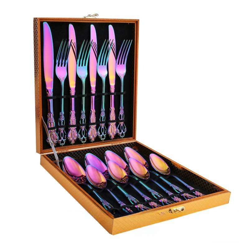 4Set / 16PCS Dazzle Color Royal Court Cutlery Set - Vintage Hollow Engraved 410 Stainless Steel Dinnerware with Gift Box