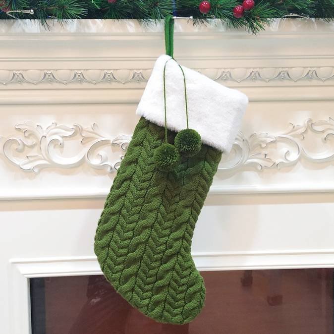 Green Large Cable Knit Christmas Stocking - Classic 43cm Holiday Decor for Fireplace Hanging