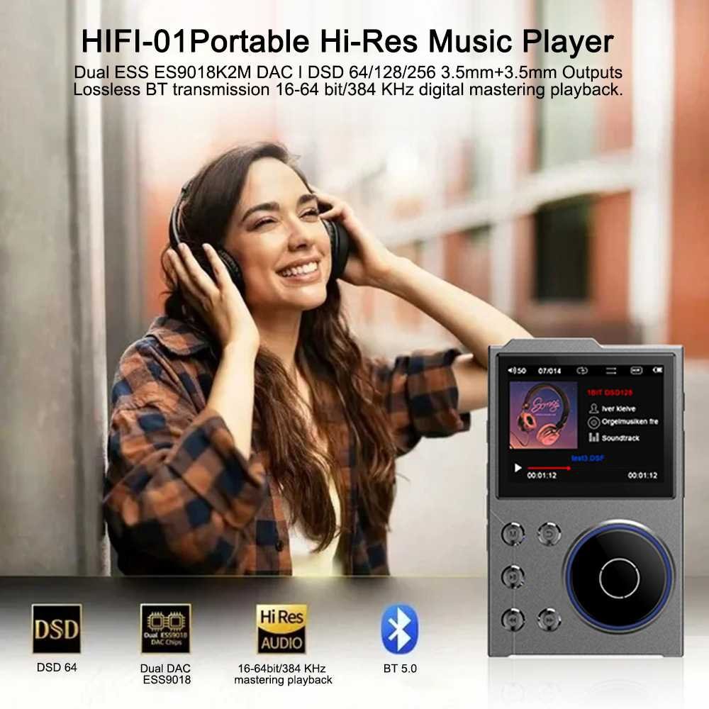 Portable Hi-Res Digital Audio Player - DSD, Dual DAC, Bluetooth 5.0, Expandable Storage(Grey 16GB + 16GB)