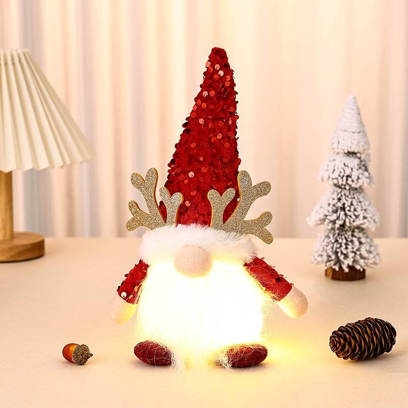 Light-Up Christmas Gnome Plush Doll with Sequin Hat & Antlers - Festive LED Tabletop Decoration(red)