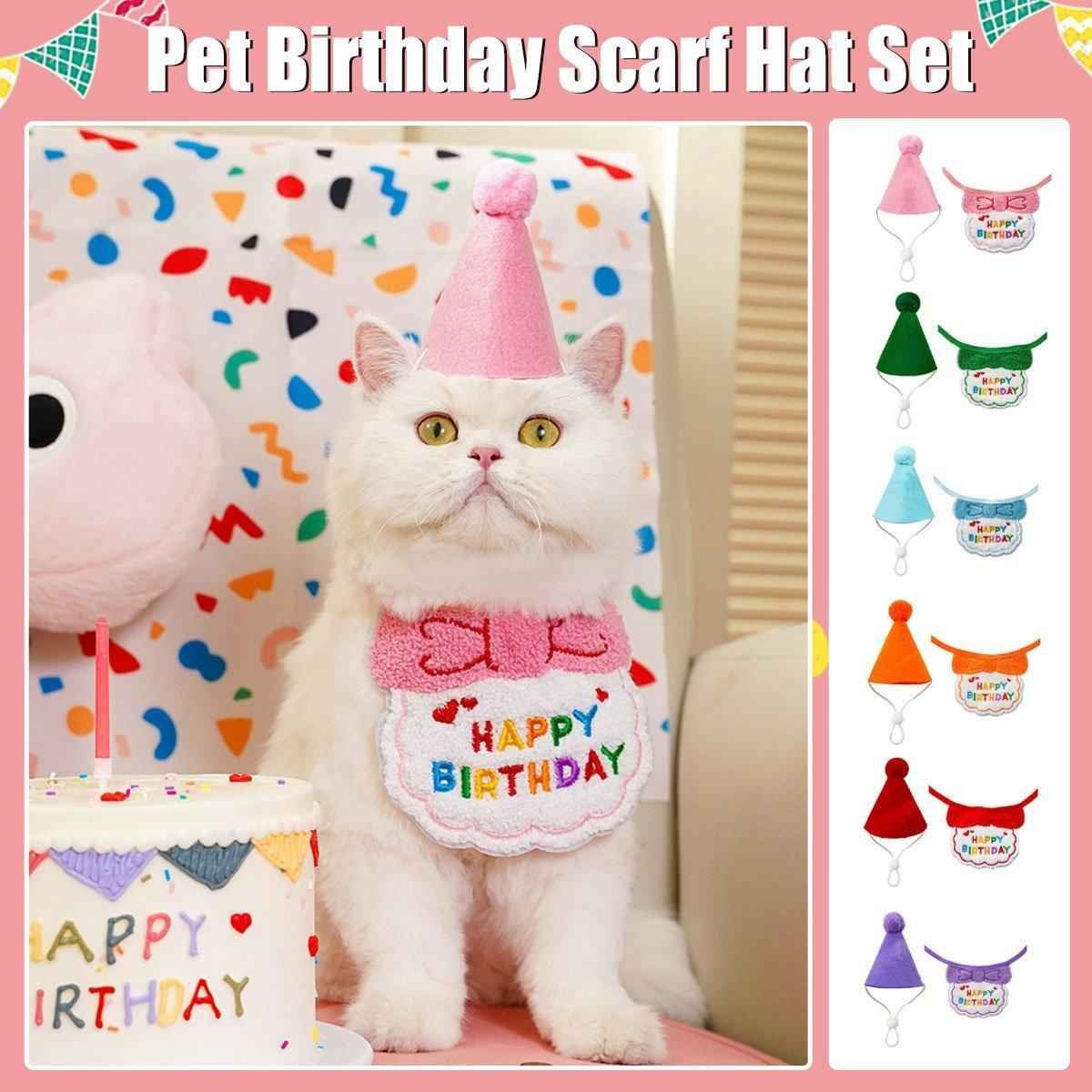Pet Birthday Dog Cat Bib Scarf Hat Accessory Dogs Cats Celebration - Pink