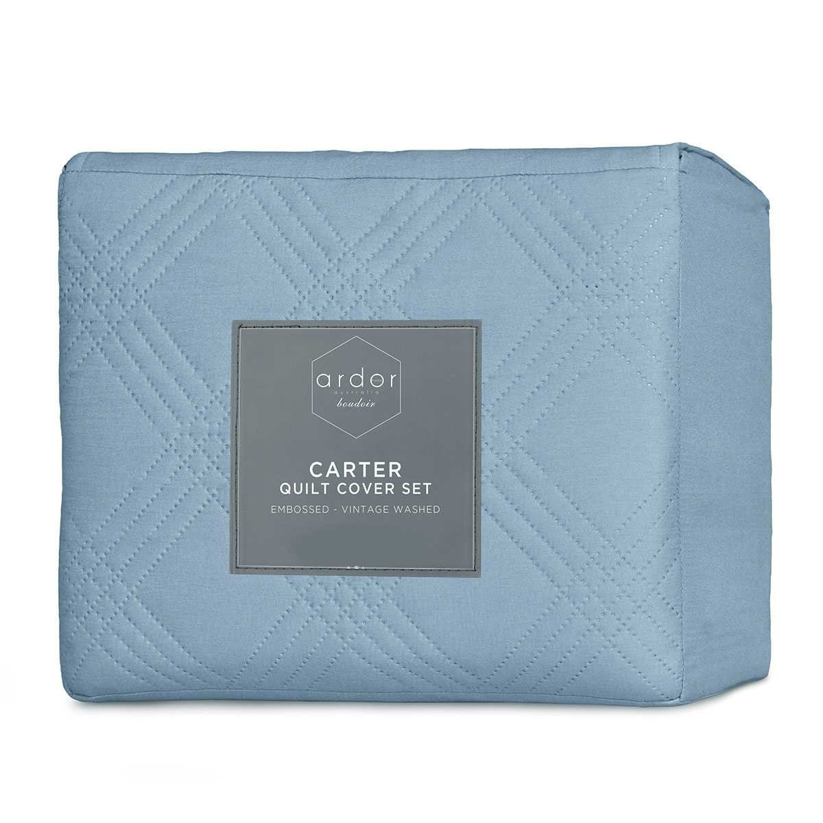 Ardor Carter Mineral Blue Embossed Vintage Washed Geometric Quilt Cover Set Queen