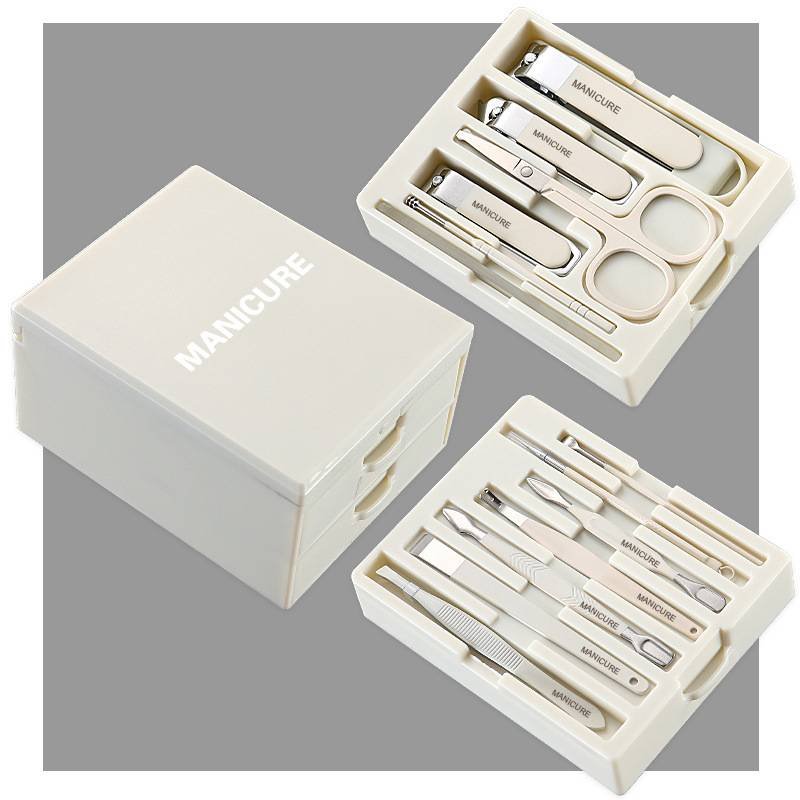 White Professional 13-Piece Manicure & Pedicure Set - Anti-Splash Carbon Steel Nail Clippers Kit with Compact Drawer Organizer