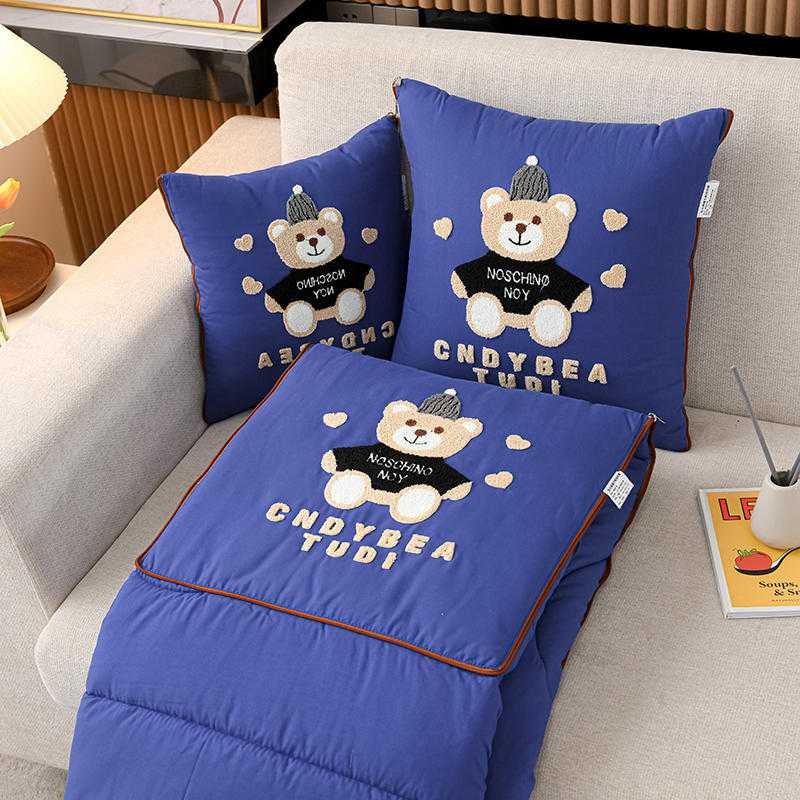 Navy Blue Cap Bear 2-in-1 Foldable Car Pillow Blanket - Cozy 40x40cm Pillow, Unfolds to 100x150cm Blanket for Travel and Office Naps