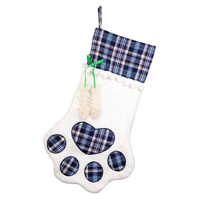 Blue Large Plaid Dog Paw Christmas Stocking - Festive Fireplace Decor for Pet Lovers