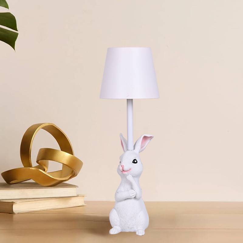 White Bunny White Lampshade Adorable Rabbit Resin Table Lamp - 3-Color LED, USB Rechargeable, Touch Dimming