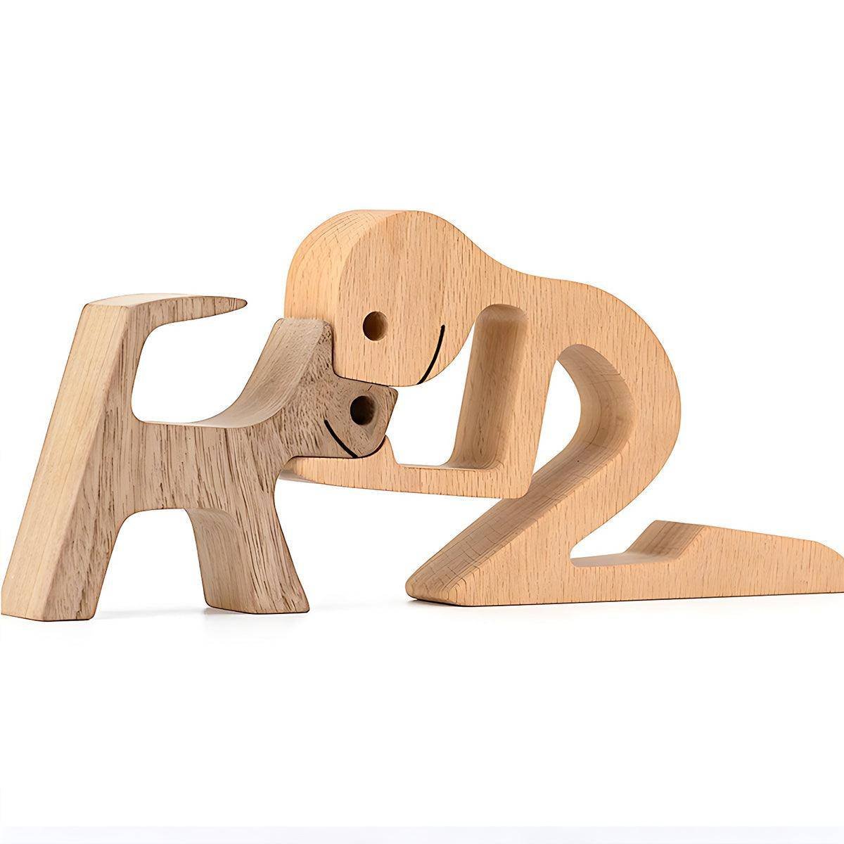 Handmade Wooden Statue Sitting Family and Dog Craft Home Decor - B04