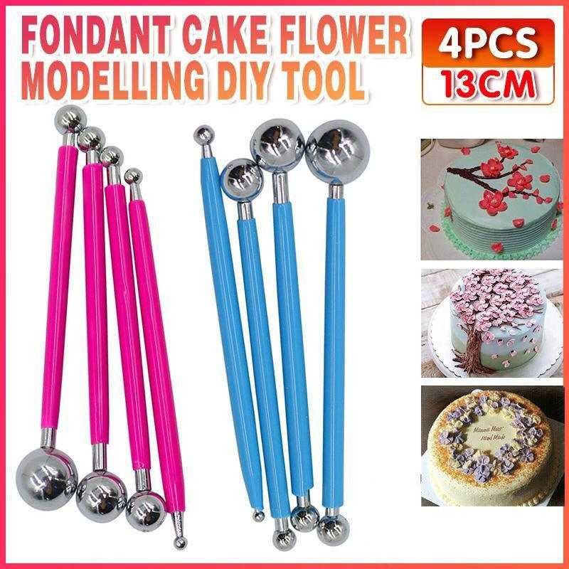 4X Fondant Cake Flower Decorating Clay Sugarcraft Ball Engraved Embossing Stick - Blue