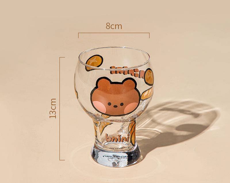 Mini Cartoon Glass Tumbler 400ml,Cute Beer and Juice Cup for Cold Drinks(Brown bear)