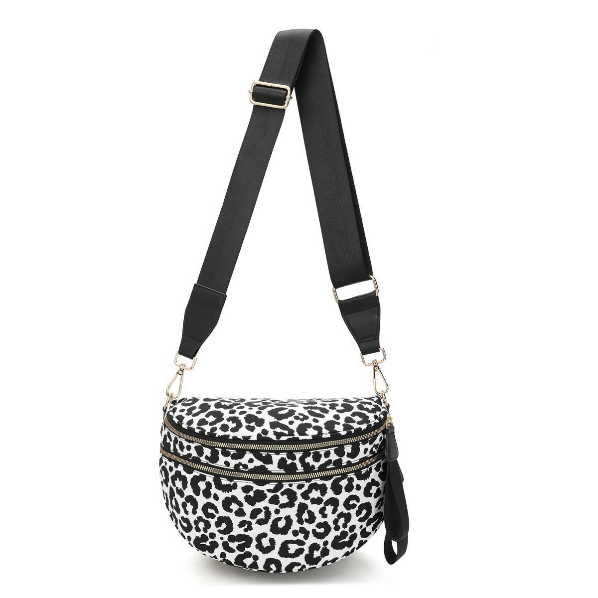Black-white Checkered Trendy Sling Bag - Women's Crescent Crossbody Purse with Wide Adjustable Strap