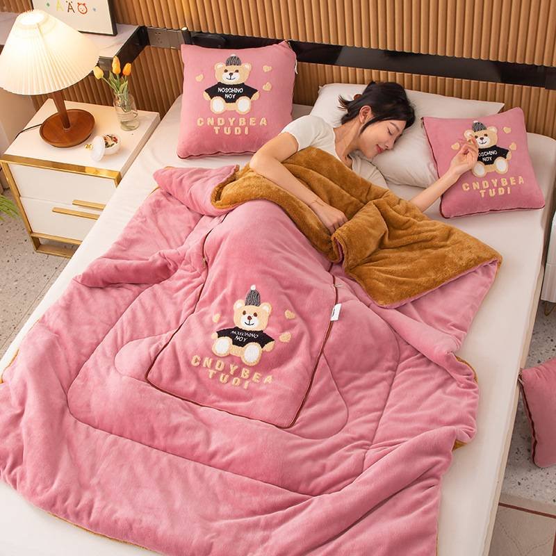 Pink Padded Thickened Hat Bear 2-in-1 Foldable Car Pillow Blanket - Cozy 40x40cm Pillow, Unfolds to 100x150cm Blanket for Travel and Office Naps