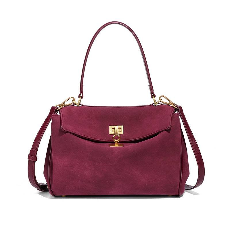 Wine Red Women's Vintage Suede Satchel Bag - Elegant Top Handle Purse with Gold Lock