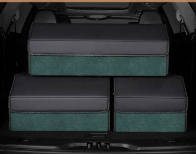 Medium Sized Tumbled Leather Green Foldable Car Trunk Storage Box - Large Capacity Insertable Rear Organizer