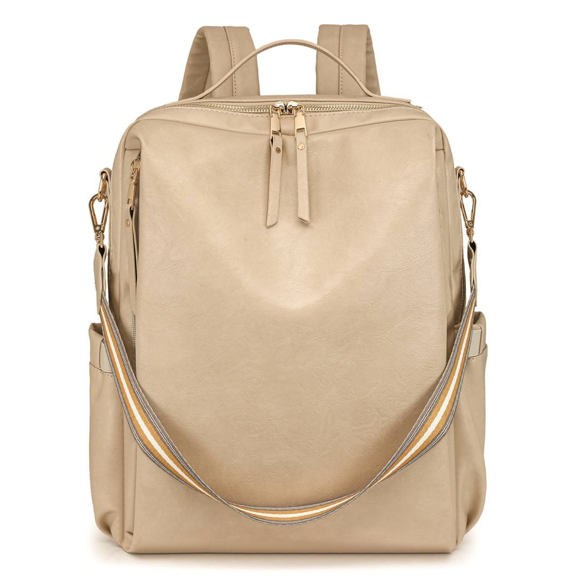 Beige Women's Vintage PU Leather Anti-Theft Backpack - Convertible Shoulder Bag & Laptop Rucksack for Travel & Daily Use