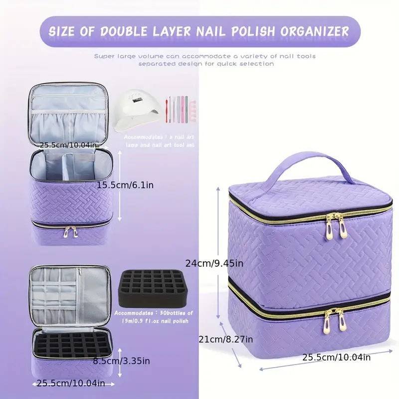 Black Professional Nail Polish Organizer Case for 30 Bottles & UV Lamp - Double-Layer Travel Storage Bag