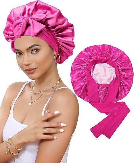 Luxury Double-Sided Satin Bonnet with Elastic Band(Rose red + pink lining)