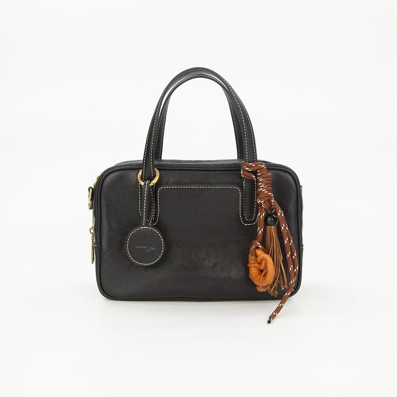 Small Size Black Vintage Genuine Split Leather Bowling Bag for Women - Retro Top Handle Satchel & Crossbody Purse