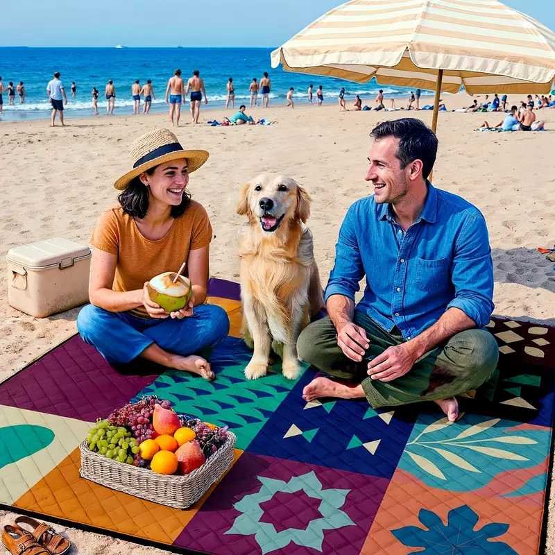 Extra-large 198.12x198.12 cm foldable picnic mat with portable rope. Soft padding design, floral and fruit prints, durable polyester material, perfect for beaches, parks, camping and travel - hand wash only, embossed PU-coated Oxford fabric.