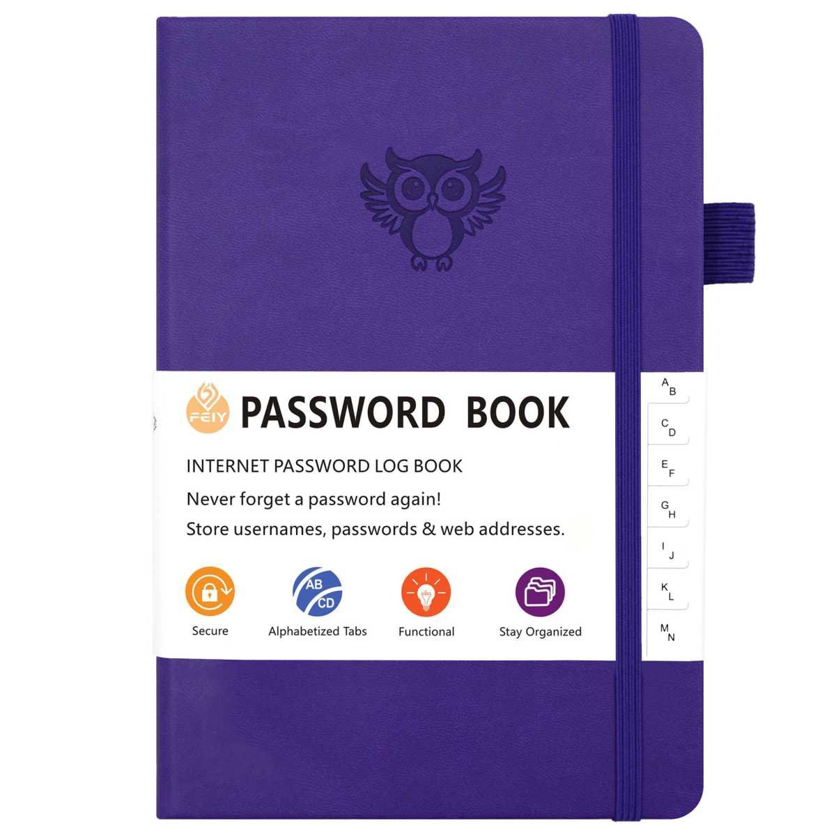 Deep purple Password Log Book with Alphabetical Tabs Internet Address Organizer Small PU Leather Notebook with Owl Design Pen Holder and Inner Pocket Ideal for Home and Office
