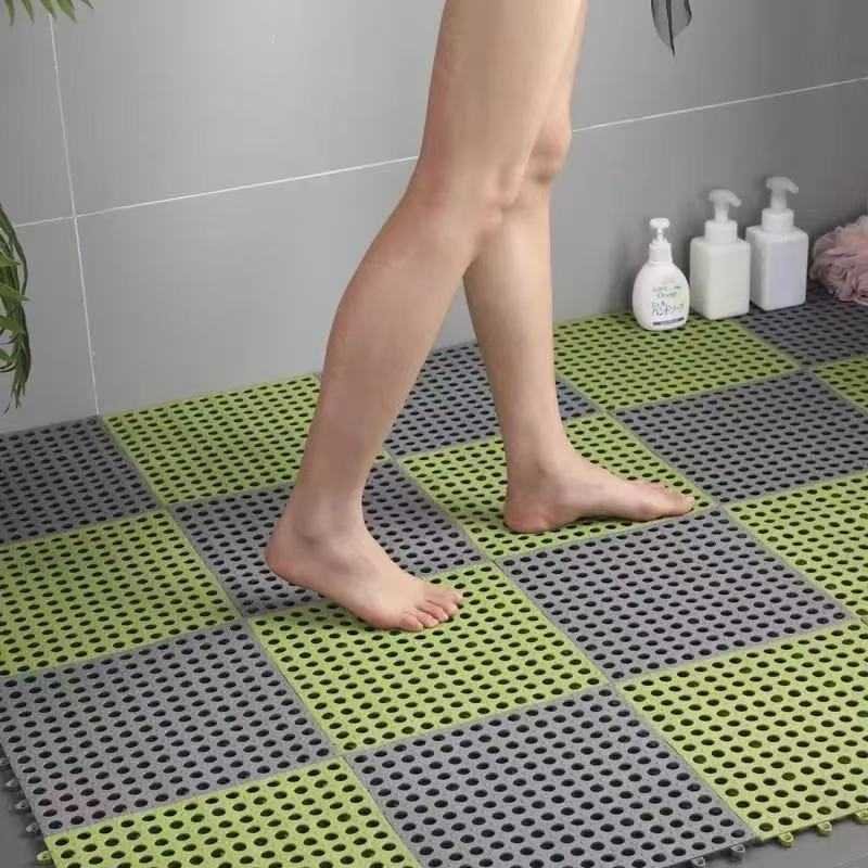Grey And Green DIY Interlocking Non-Slip Floor Tiles - 18-Pack PVC Drainage Mat for Shower & Bathroom Safety