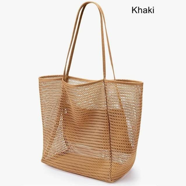 Khaki Large Mesh Beach Tote Bag - Lightweight & Foldable Shoulder Bag with Secure Zipper Pocket
