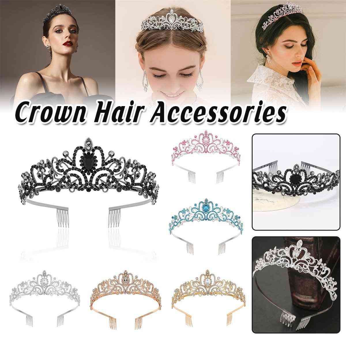 Princess Rhinestone Queen Hair Tiara Headband Hair Accessories Crystal Crown - Silver-Blue